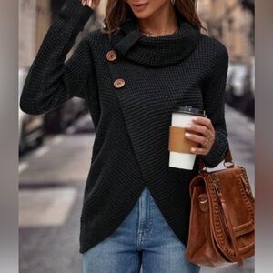 MIRACLE Black Cowl Neck Waffle Knit Long Sleeve Sweater M/L